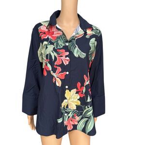 Chico’s cotton stretch tropical  floral print 3/4 sleeves rolled cuffs size 14